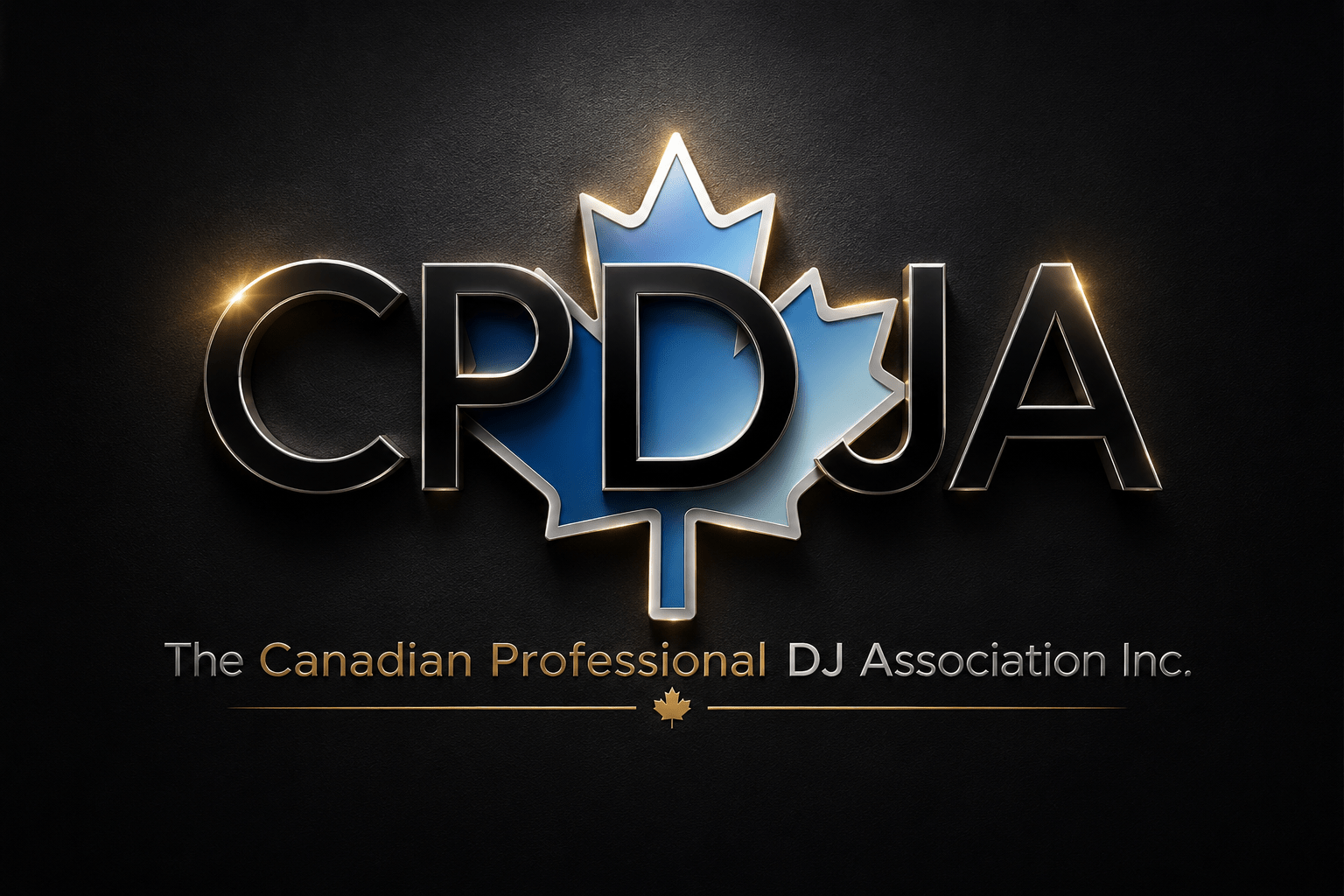 Luxury black and gold CPDJA logo for the Canadian Professional DJ Association featuring a metallic maple leaf emblem.