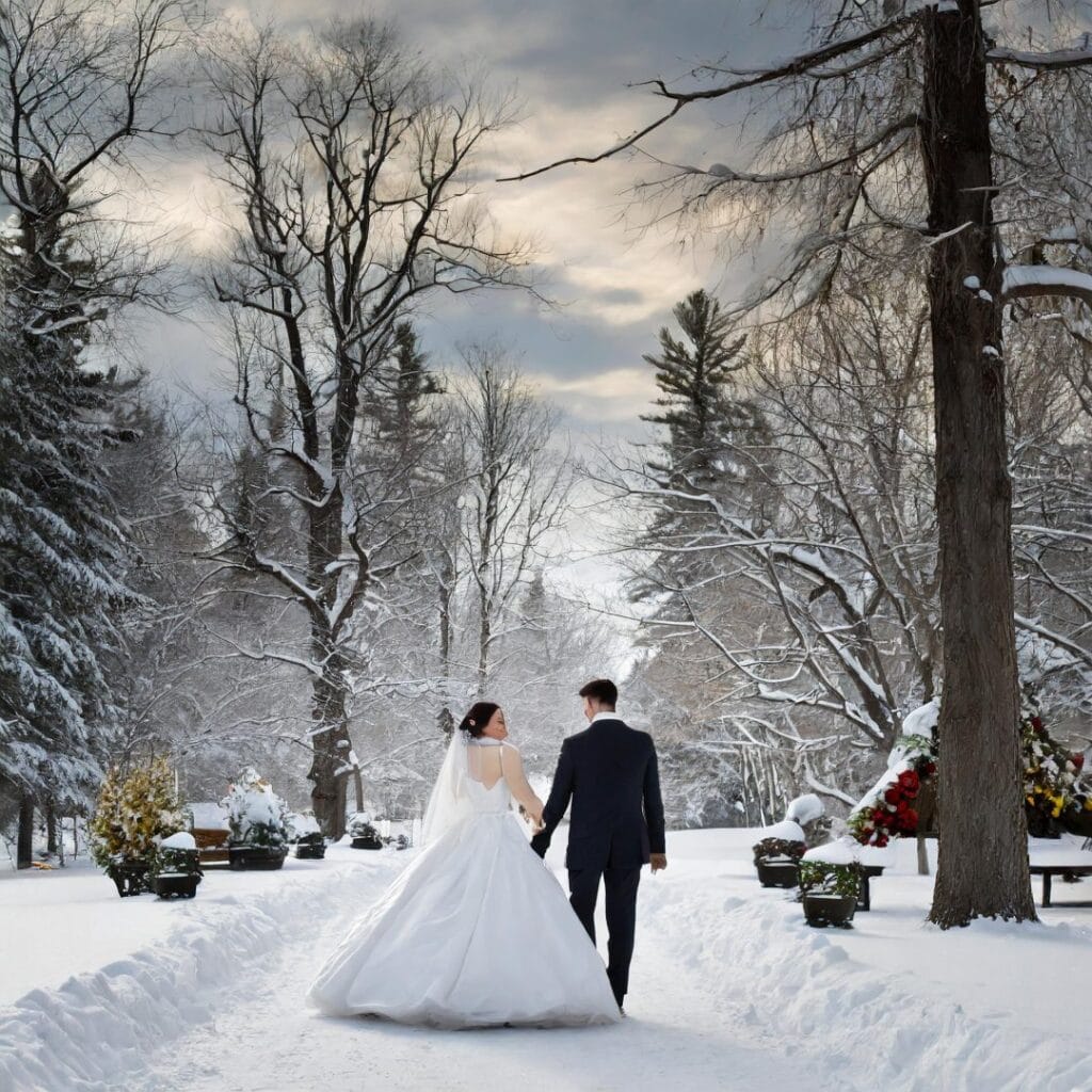 Bride and groom walking through a snow-covered garden at a Niagara-on-the-Lake winter wedding