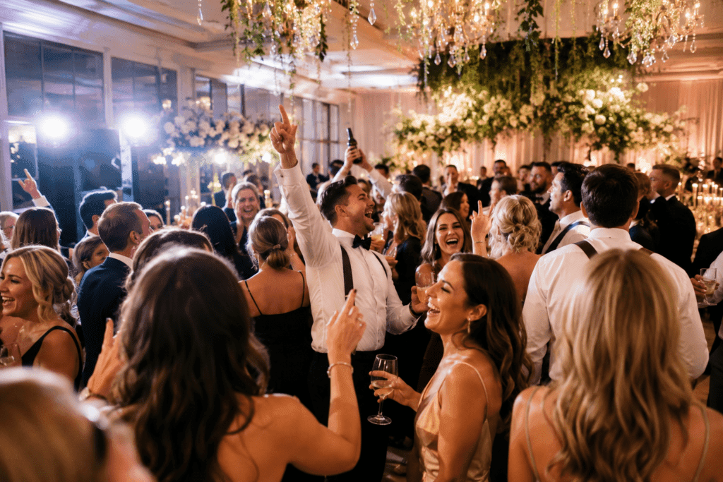 Guests celebrating on a luxury wedding dance floor showing the shift in 2026 wedding trends toward atmosphere and guest experience.