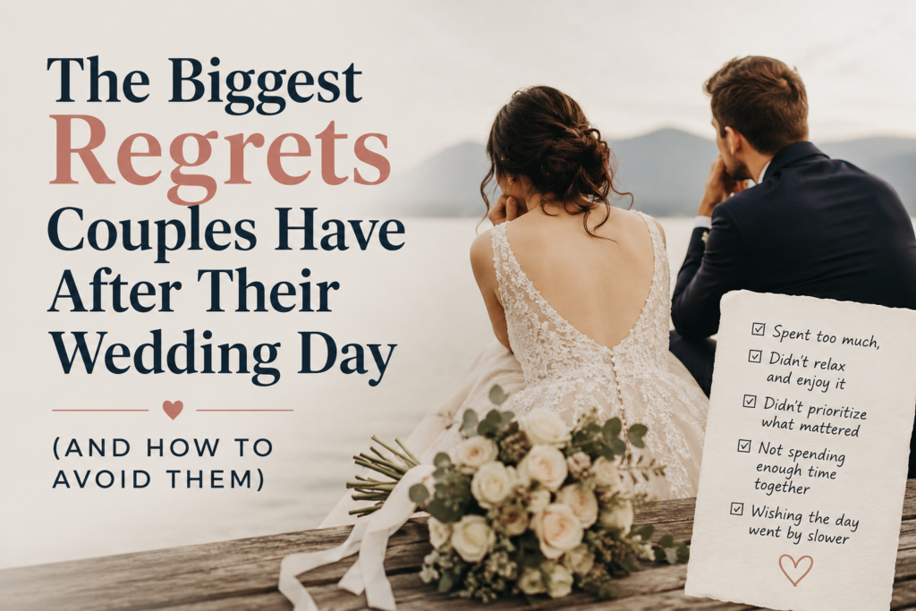Bride and groom sitting lakeside after their wedding, reflecting on common wedding regrets with blog title “The Biggest Regrets Couples Have After Their Wedding Day (And How to Avoid Them)”