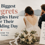 Bride and groom sitting lakeside after their wedding, reflecting on common wedding regrets with blog title “The Biggest Regrets Couples Have After Their Wedding Day (And How to Avoid Them)”