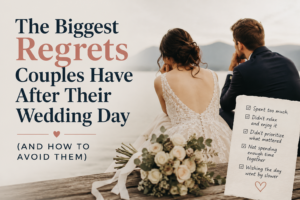 Bride and groom sitting lakeside after their wedding, reflecting on common wedding regrets with blog title “The Biggest Regrets Couples Have After Their Wedding Day (And How to Avoid Them)”