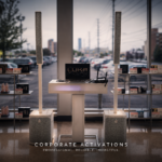 Professional corporate activation setup featuring EV Evolve 50 speakers and DJ booth inside a retail brand event environment.