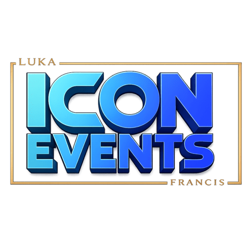 Icon Events luxury DJ and entertainment company logo with blue 3D lettering, gold frame accents, and transparent background featuring Luka and Francis branding