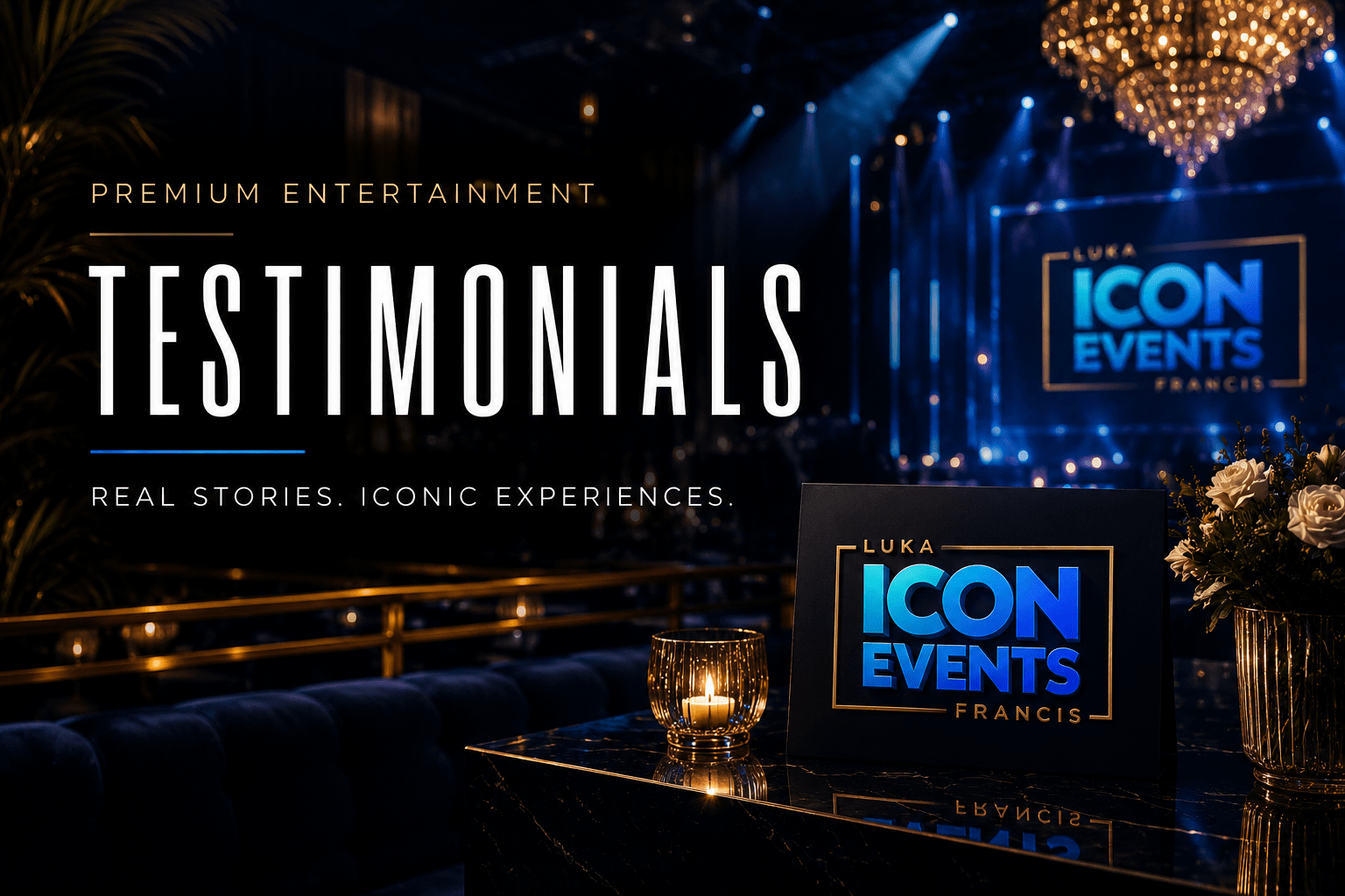 Luxury testimonials page hero image for Icon Events featuring premium nightlife-inspired event atmosphere with cinematic blue and gold lighting