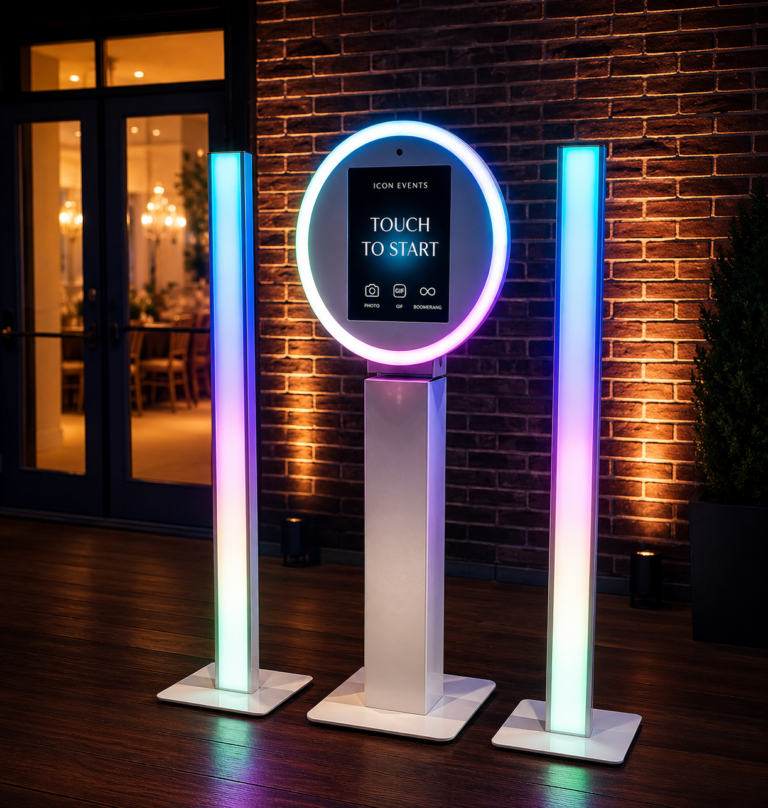 Modern social photobooth experience with LED lighting and instant sharing features at a luxury event.