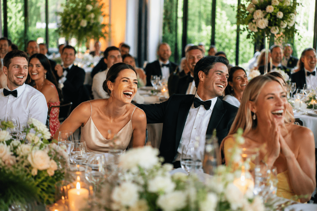 Guests laughing and enjoying a vibrant luxury wedding reception with elegant atmosphere and personalized entertainment experience