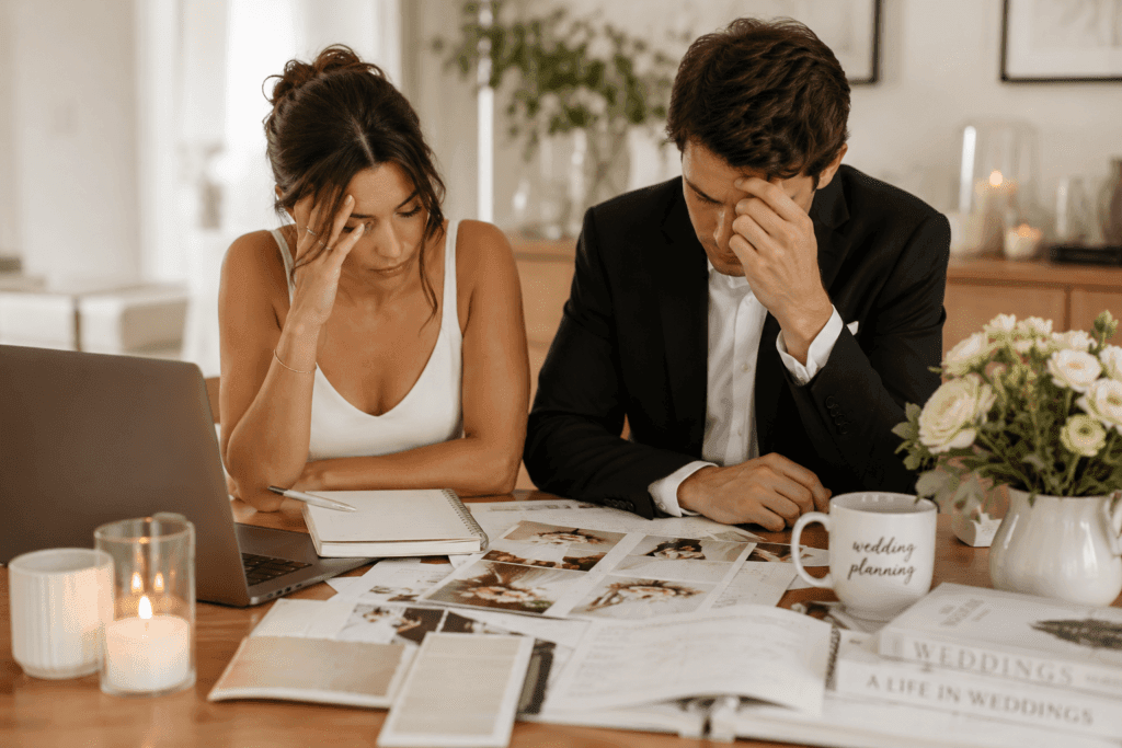 Engaged couple feeling overwhelmed while planning their wedding at home surrounded by timelines, notes, and wedding inspiration
