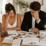 Engaged couple feeling overwhelmed while planning their wedding at home surrounded by timelines, notes, and wedding inspiration