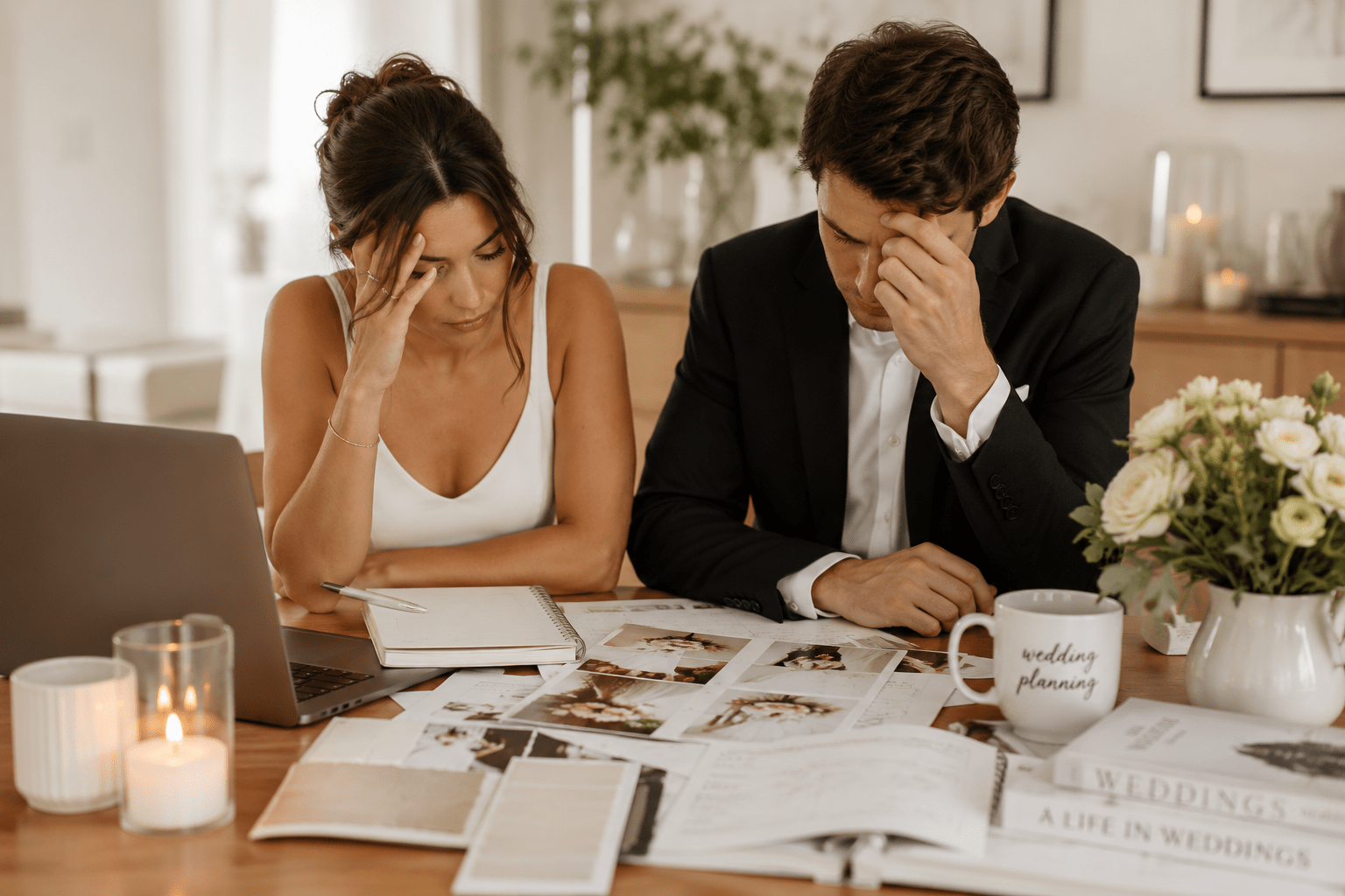 Engaged couple feeling overwhelmed while planning their wedding at home surrounded by timelines, notes, and wedding inspiration