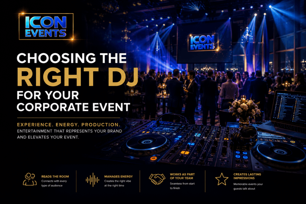 Luxury corporate event with DJ setup, blue and gold lighting, and Icon Events branding for professional corporate entertainment in Niagara and Hamilton.