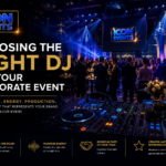 Luxury corporate event with DJ setup, blue and gold lighting, and Icon Events branding for professional corporate entertainment in Niagara and Hamilton.