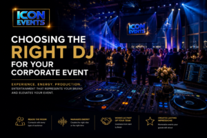 Luxury corporate event with DJ setup, blue and gold lighting, and Icon Events branding for professional corporate entertainment in Niagara and Hamilton.