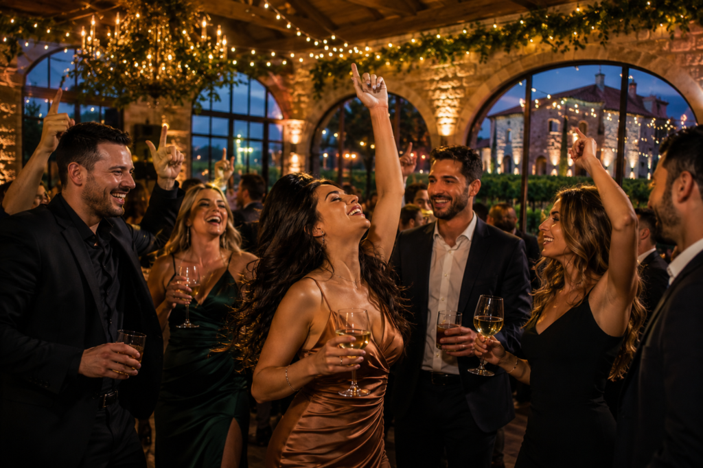 Wedding guests dancing at an elegant Niagara-on-the-Lake winery reception.