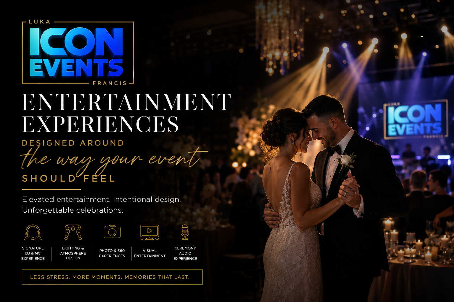 Icon Events luxury wedding and event entertainment experiences with DJ, MC, lighting, photo booth, 360 video, visual entertainment, and ceremony audio.