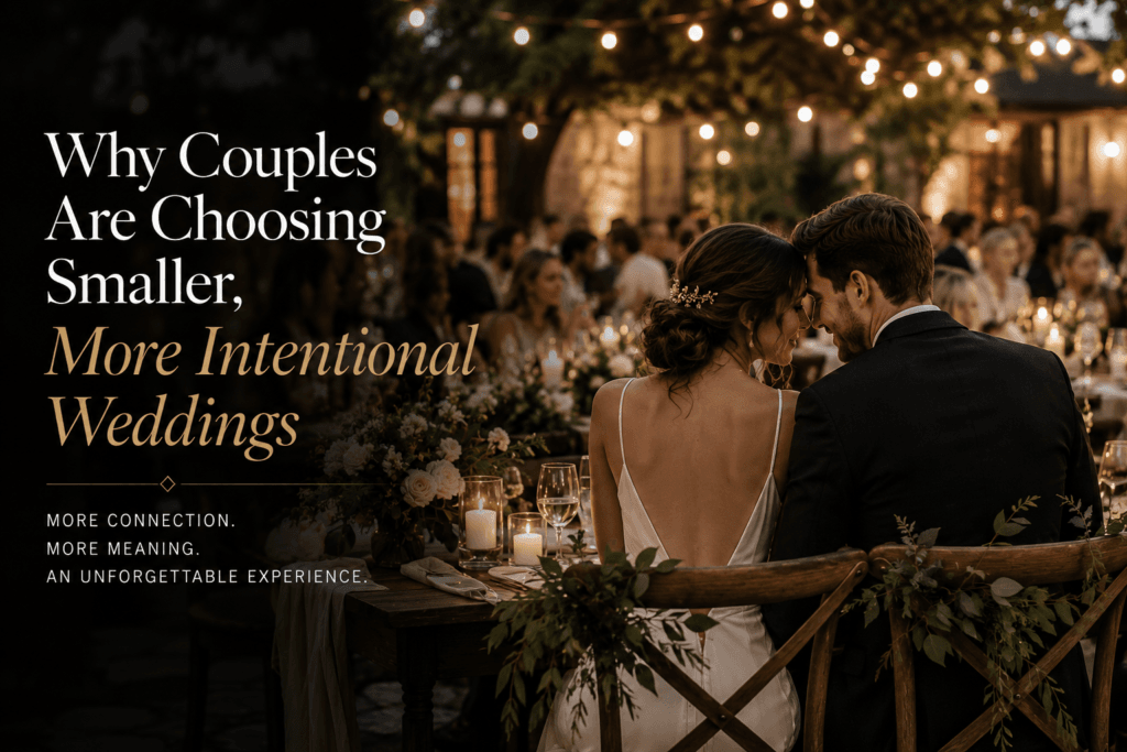 Bride and groom sharing an intimate moment at a candlelit Niagara-on-the-Lake wedding reception with guests gathered around them.