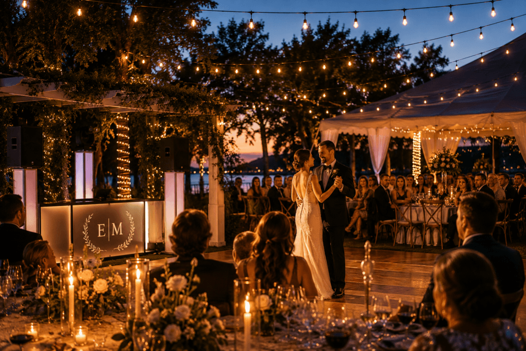 Outdoor summer wedding reception in Ontario featuring elegant string lighting, a bride and groom's first dance, and a luxury outdoor reception at sunset.