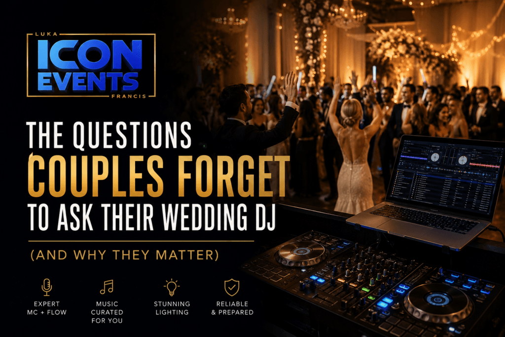 Luxury wedding reception with guests dancing, warm lighting, and professional DJ entertainment by Icon Events in Niagara.