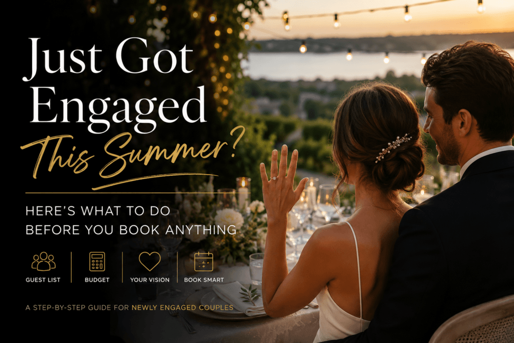 Newly engaged couple celebrating at a romantic summer wedding reception overlooking the water