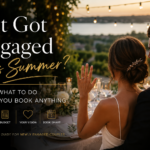 Newly engaged couple celebrating at a romantic summer wedding reception overlooking the water