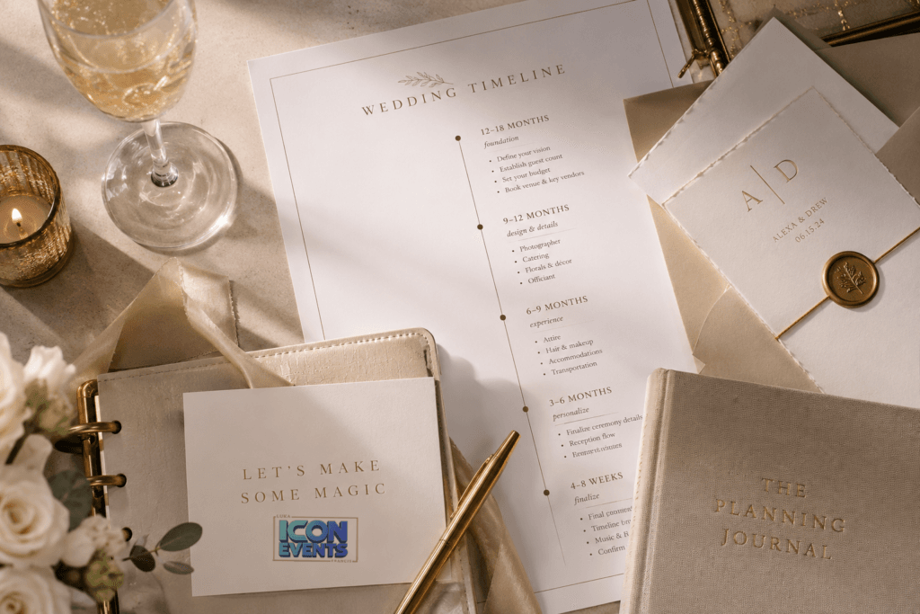 Elegant wedding planning table with stationery, champagne, gold accents and a printed wedding timeline