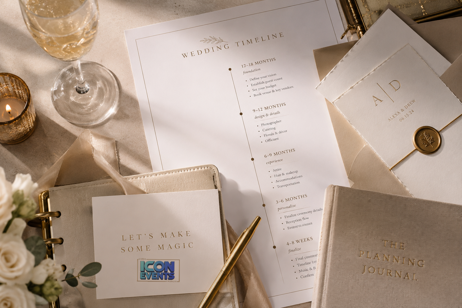 Elegant wedding planning table with stationery, champagne, gold accents and a printed wedding timeline