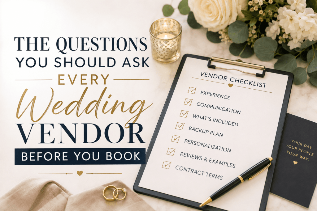 Wedding vendor checklist showing important questions couples should ask before booking, including experience, communication, backup plans and contract terms.