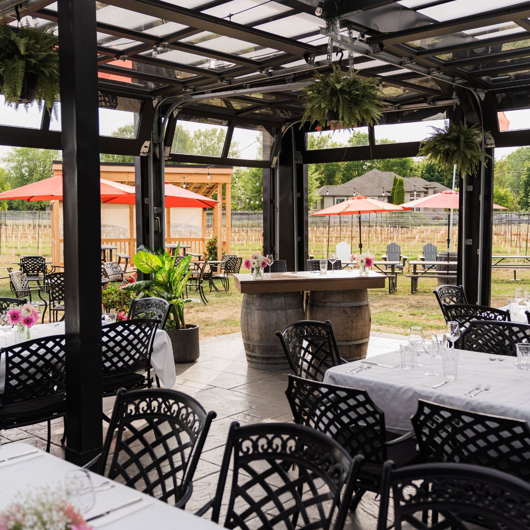 Covered Winery Patio prepared for a wedding at 180 Estate Winery