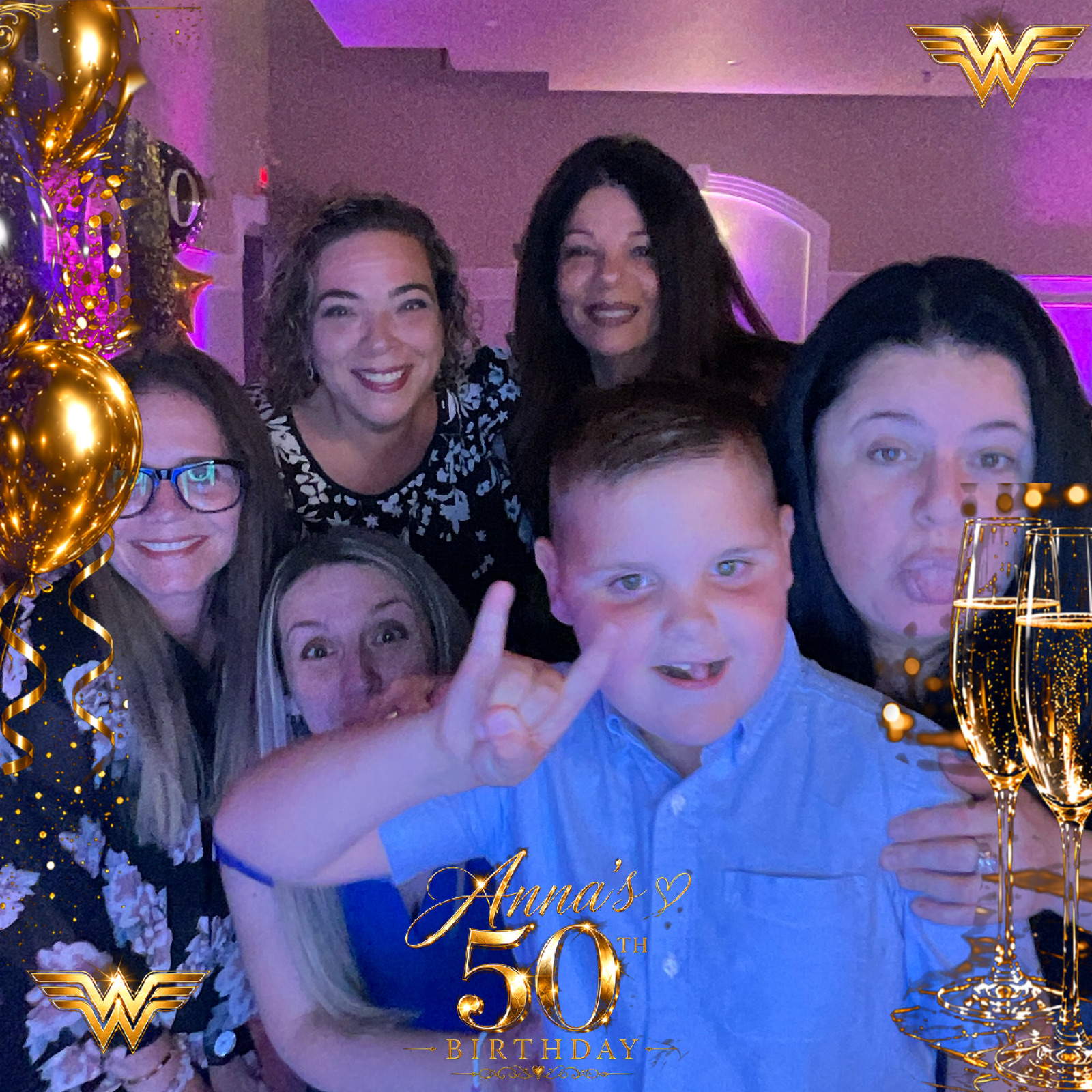 Group posing in a second personalized birthday booth photo