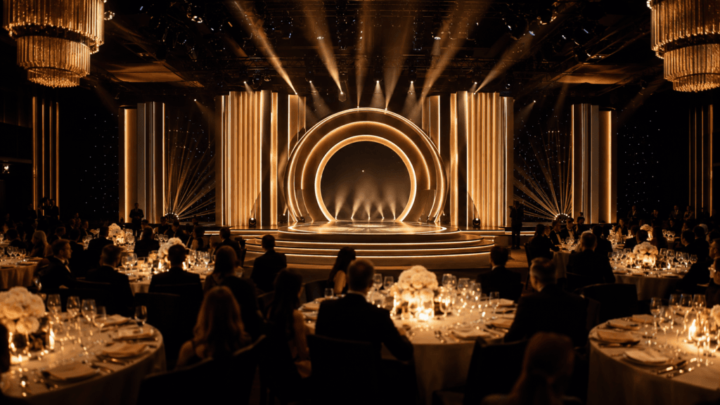 Elegant corporate awards gala stage with champagne-gold lighting and seated guests