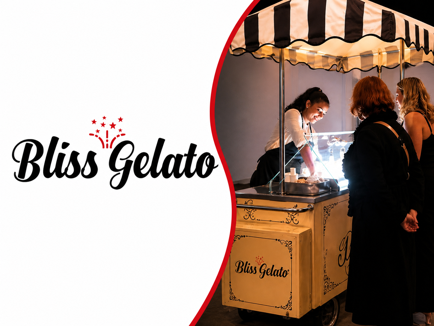 Bliss Gelato logo beside a vintage gelato cart serving guests