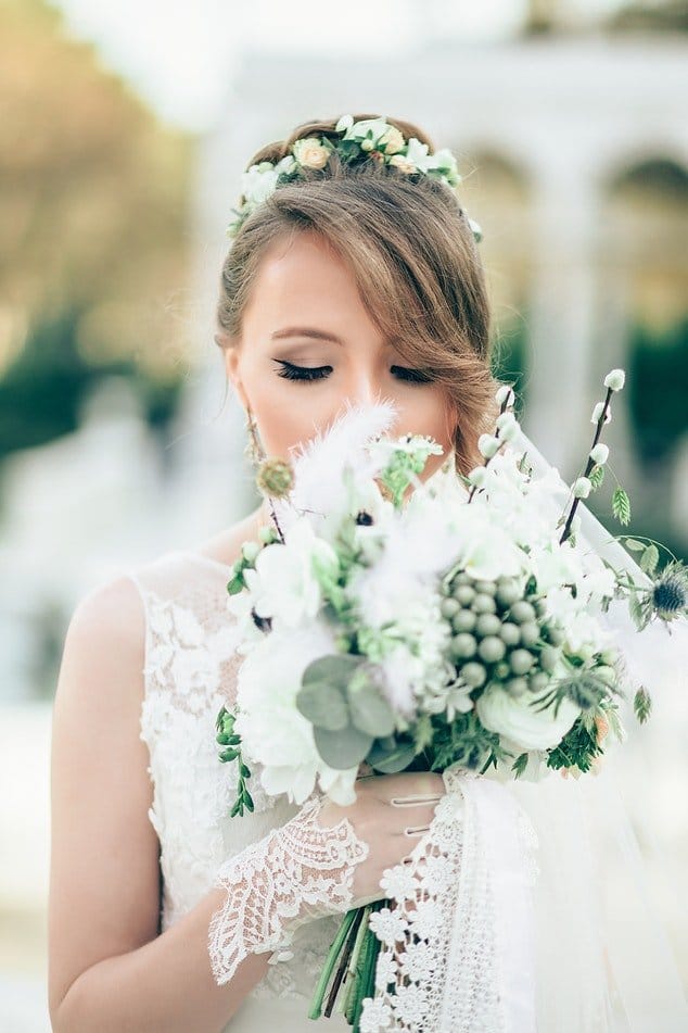 Bride holding her bouquet during an elegant Niagara wedding portrait