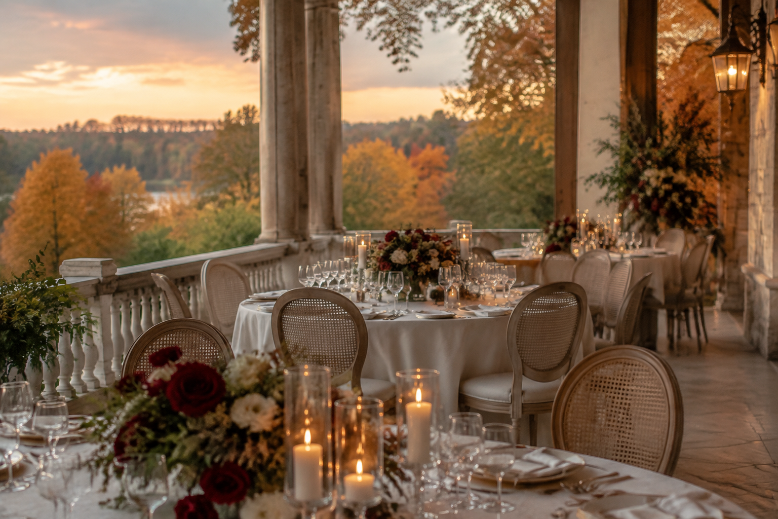 Elegant autumn wedding reception with candlelit tables and golden fall foliage