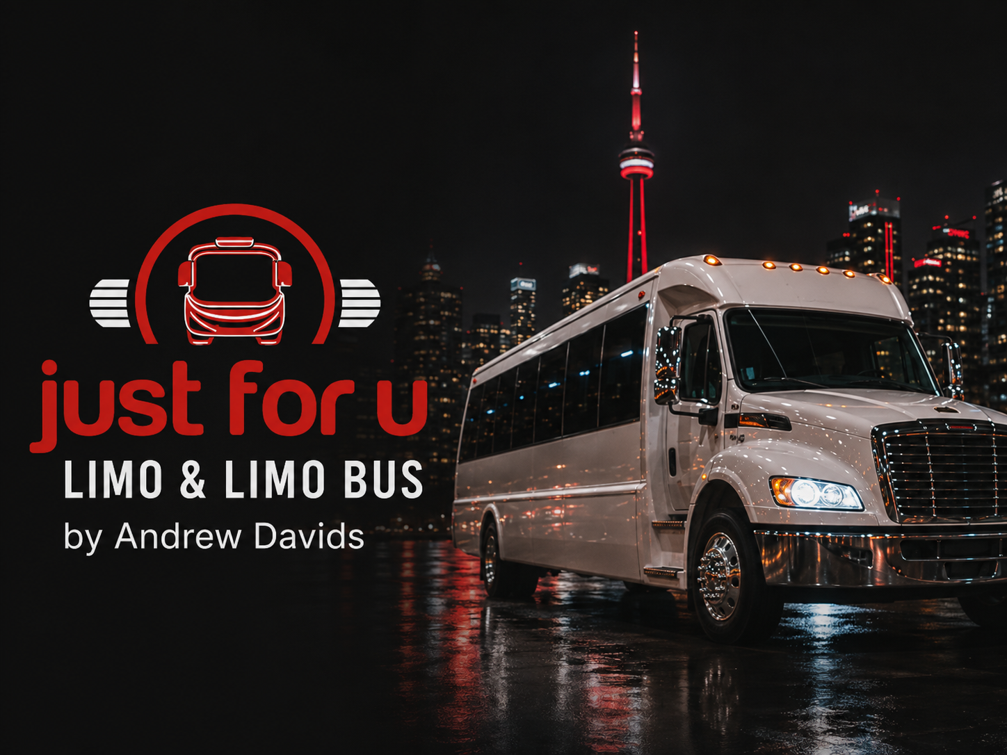 Just For U Limo and Limo Bus by Andrew Davids, with a silver limo bus and Toronto skyline