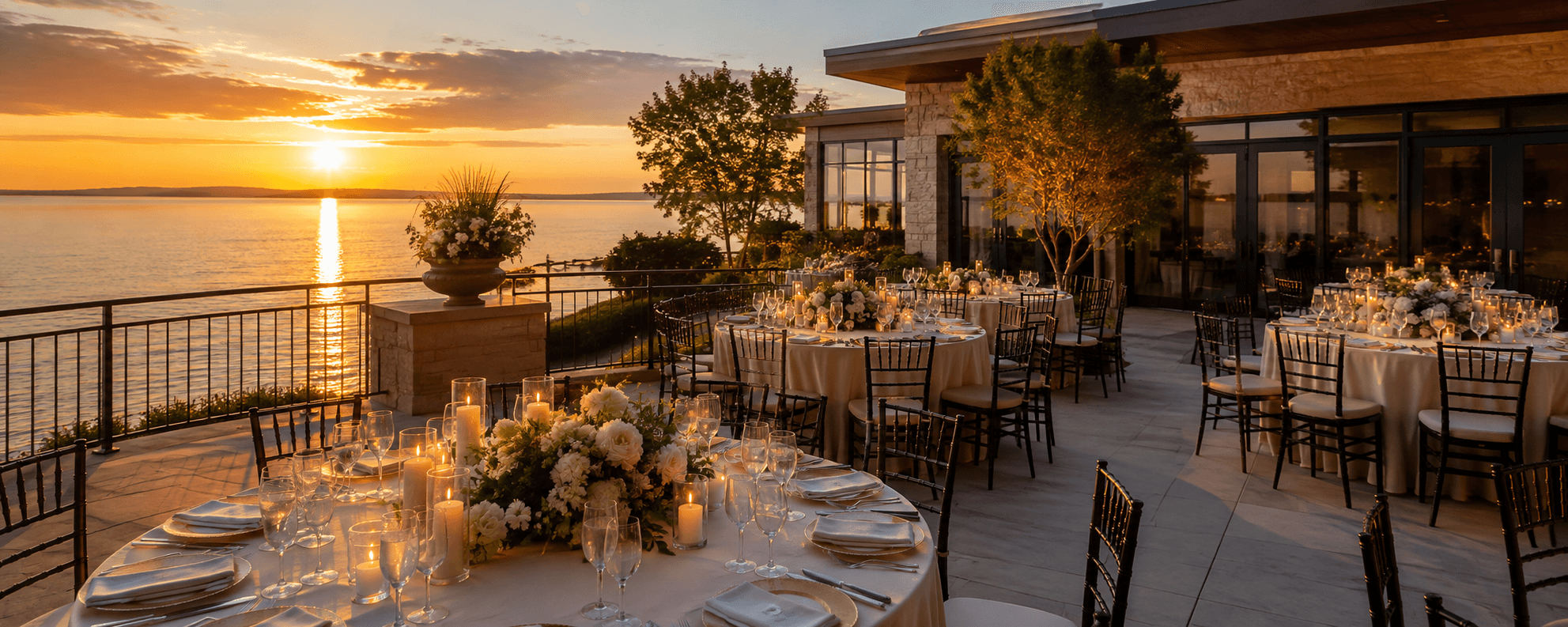 Luxury Burlington waterfront wedding reception beside Lake Ontario at sunset