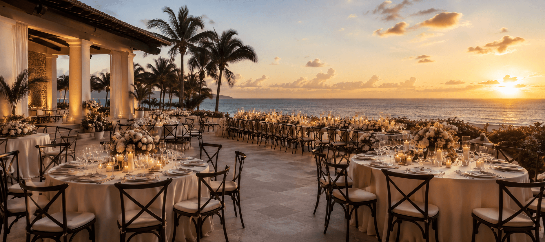 Luxury oceanfront destination wedding reception at sunset