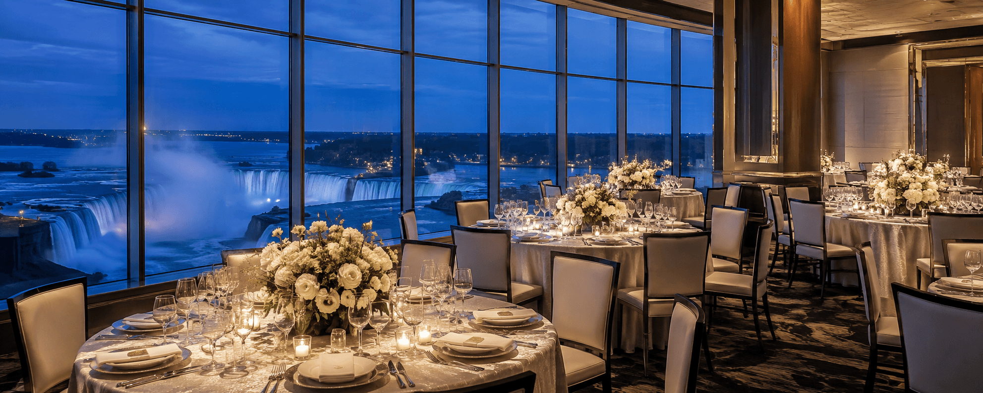 Luxury Niagara Falls wedding reception overlooking the illuminated falls