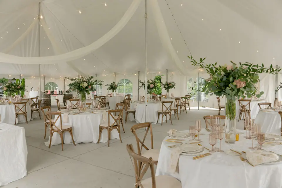 Reception tables inside the Reif vineyard tent