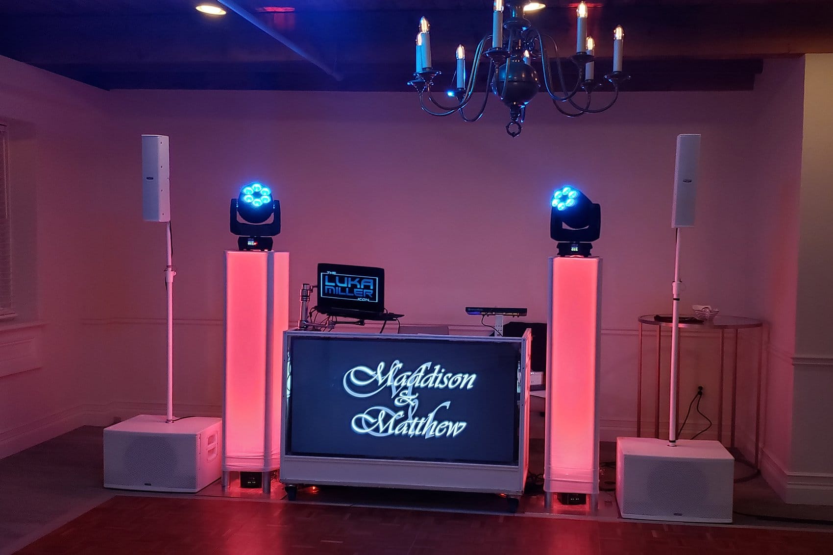 White wedding video booth and lighting setup personalized for Maddison and Matthew