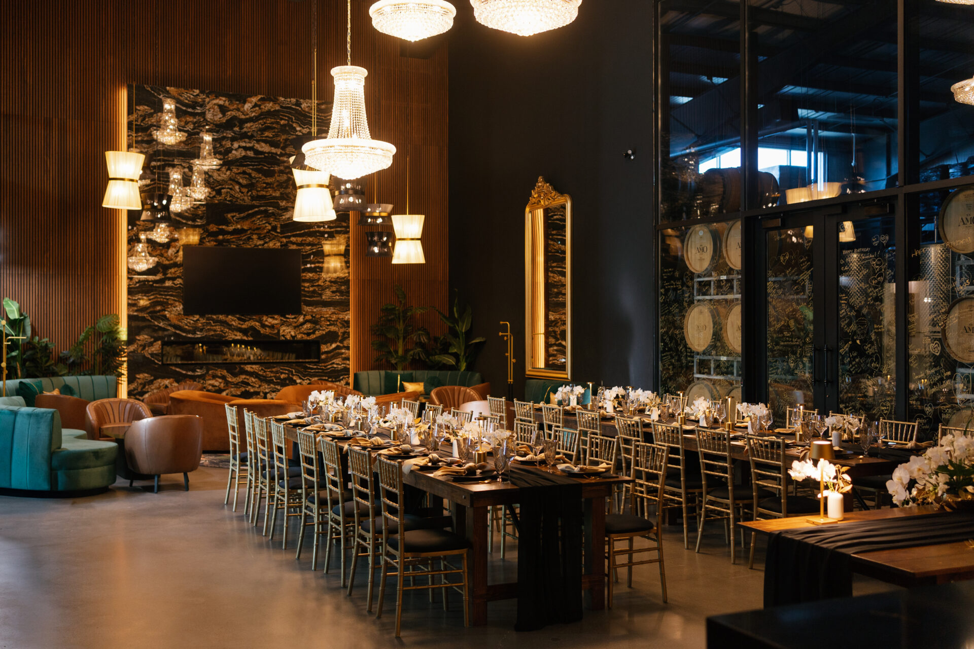 AMO Estate Winery wedding reception with harvest tables in the Tasting Room