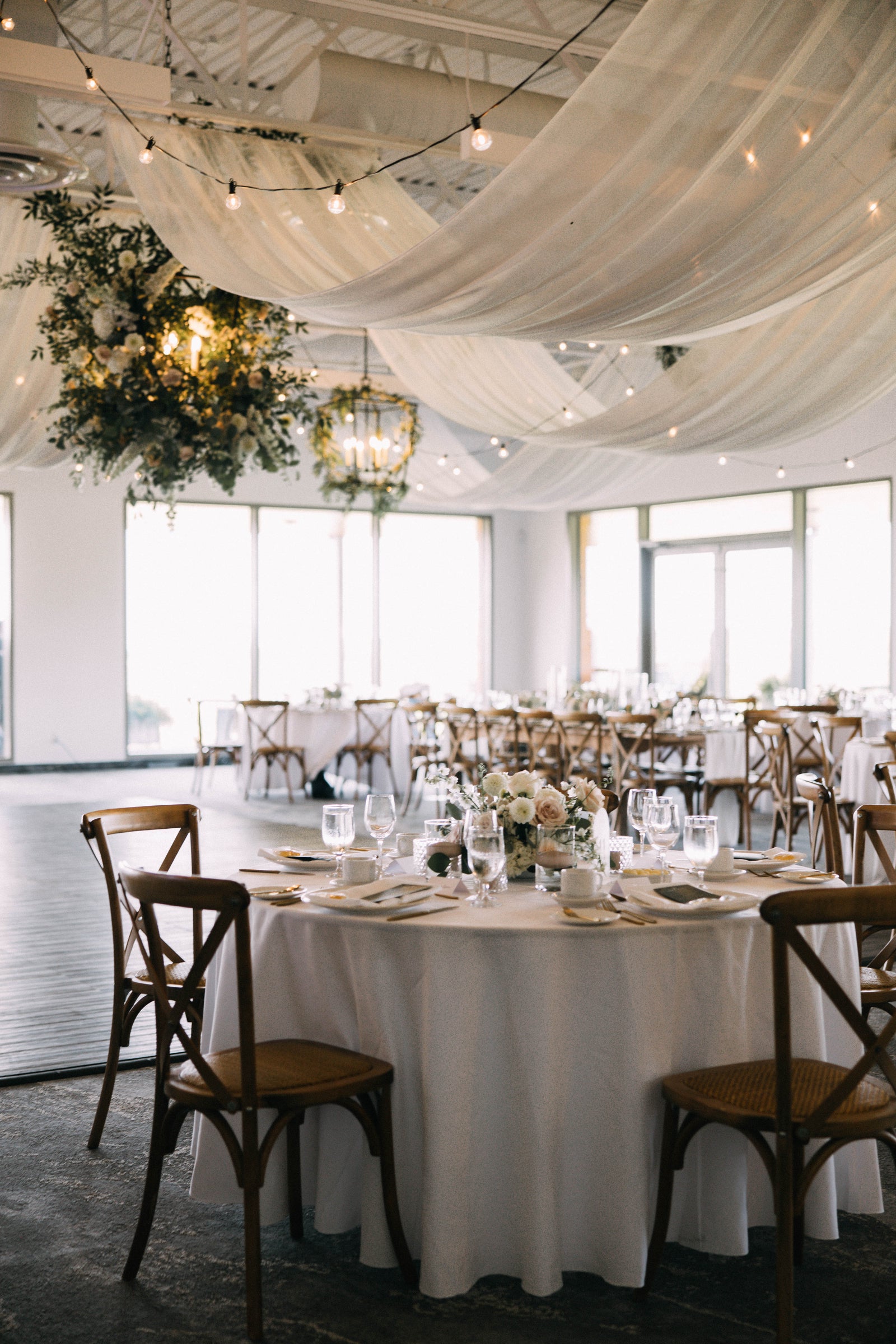 Elegant wedding reception inside Ravine Vineyard Event Centre