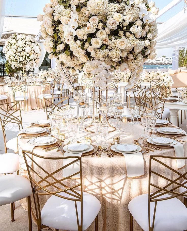 Elegant wedding reception tables with floral centrepieces