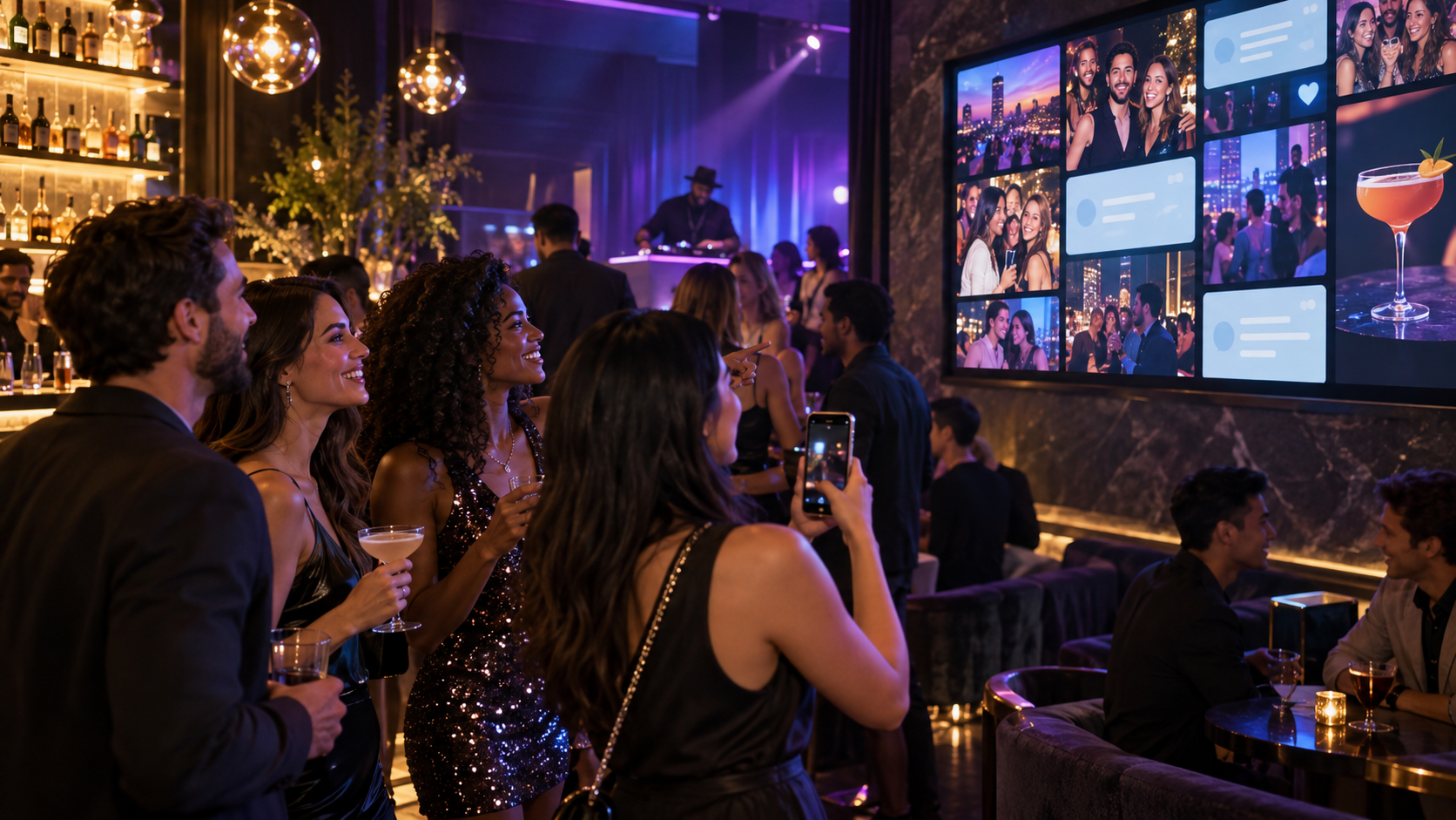 Bar guests interacting with photos, messages and promotions on venue screens