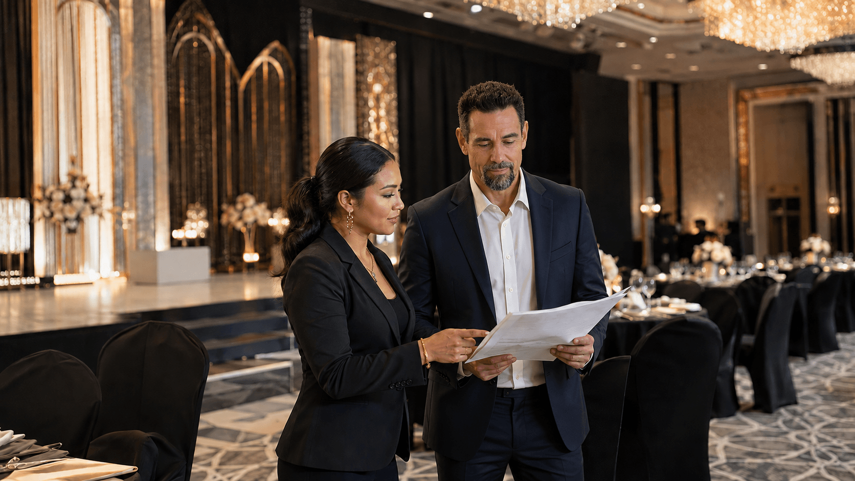 Destination wedding DJ Luka Miller reviewing an event plan in a luxury reception space