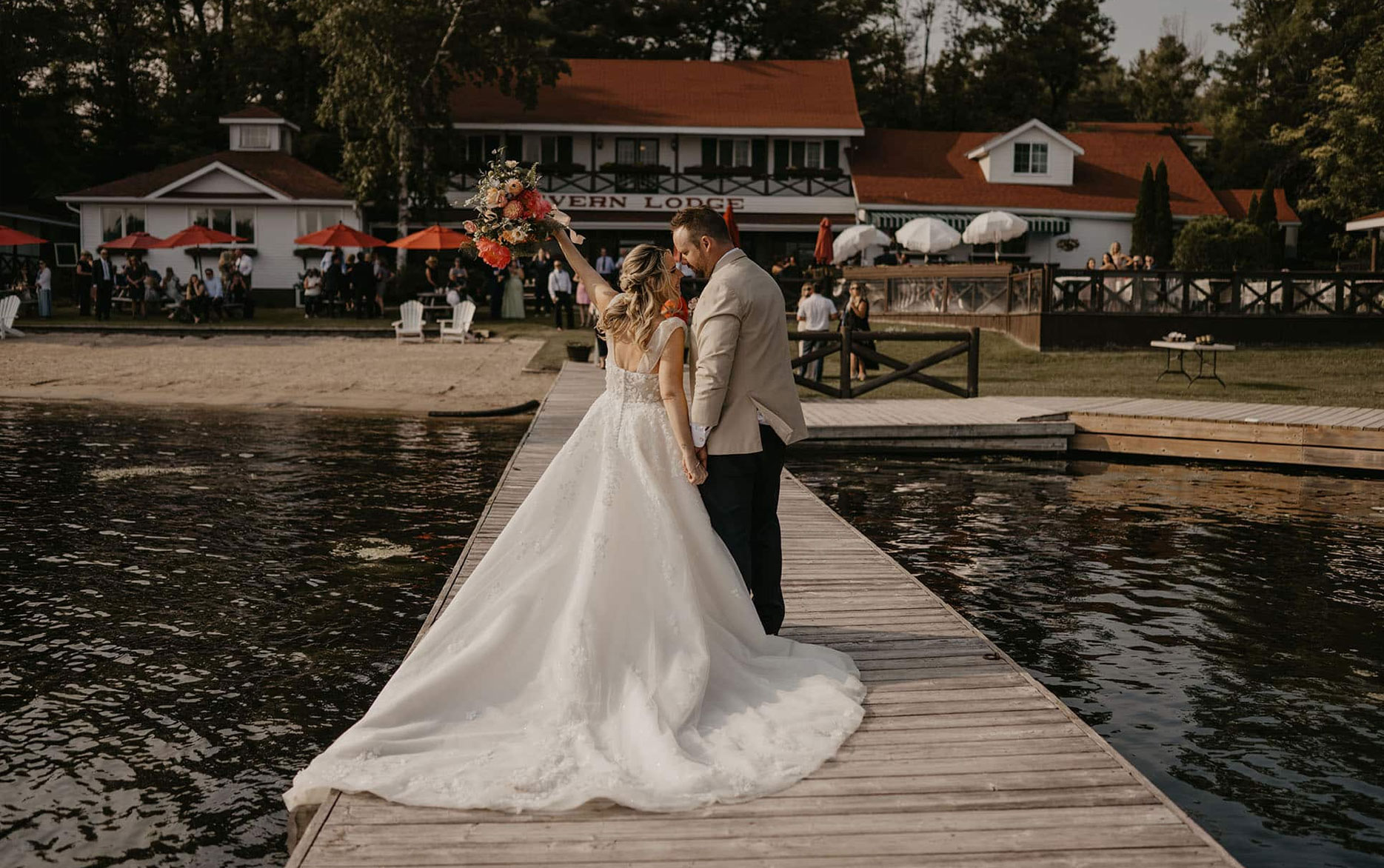 Wedding couple on the dock at Severn Lodge